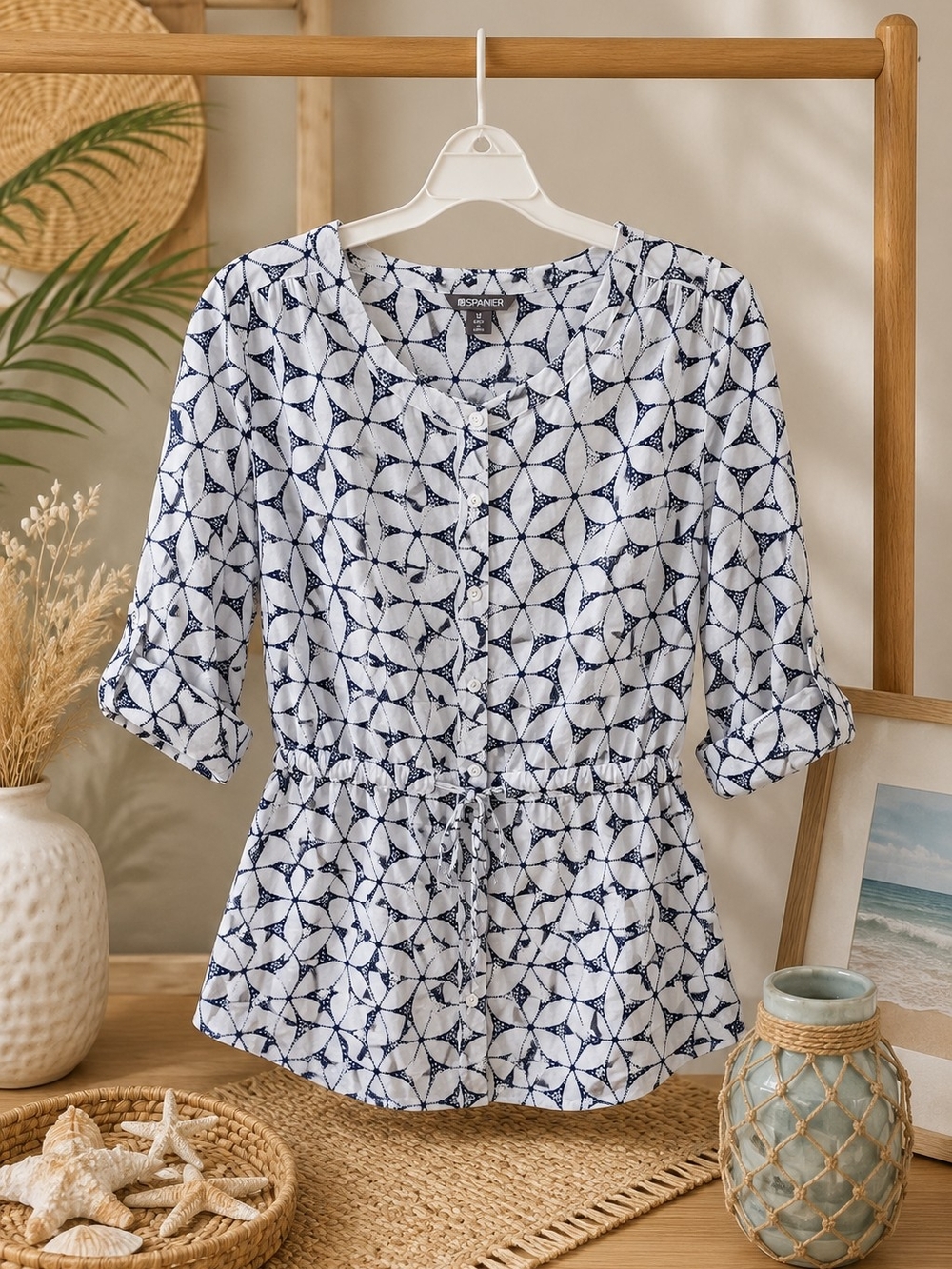 Boho Blouse Size 12 Geometric Print Tie Waist Button Front 3/4 Sleeve